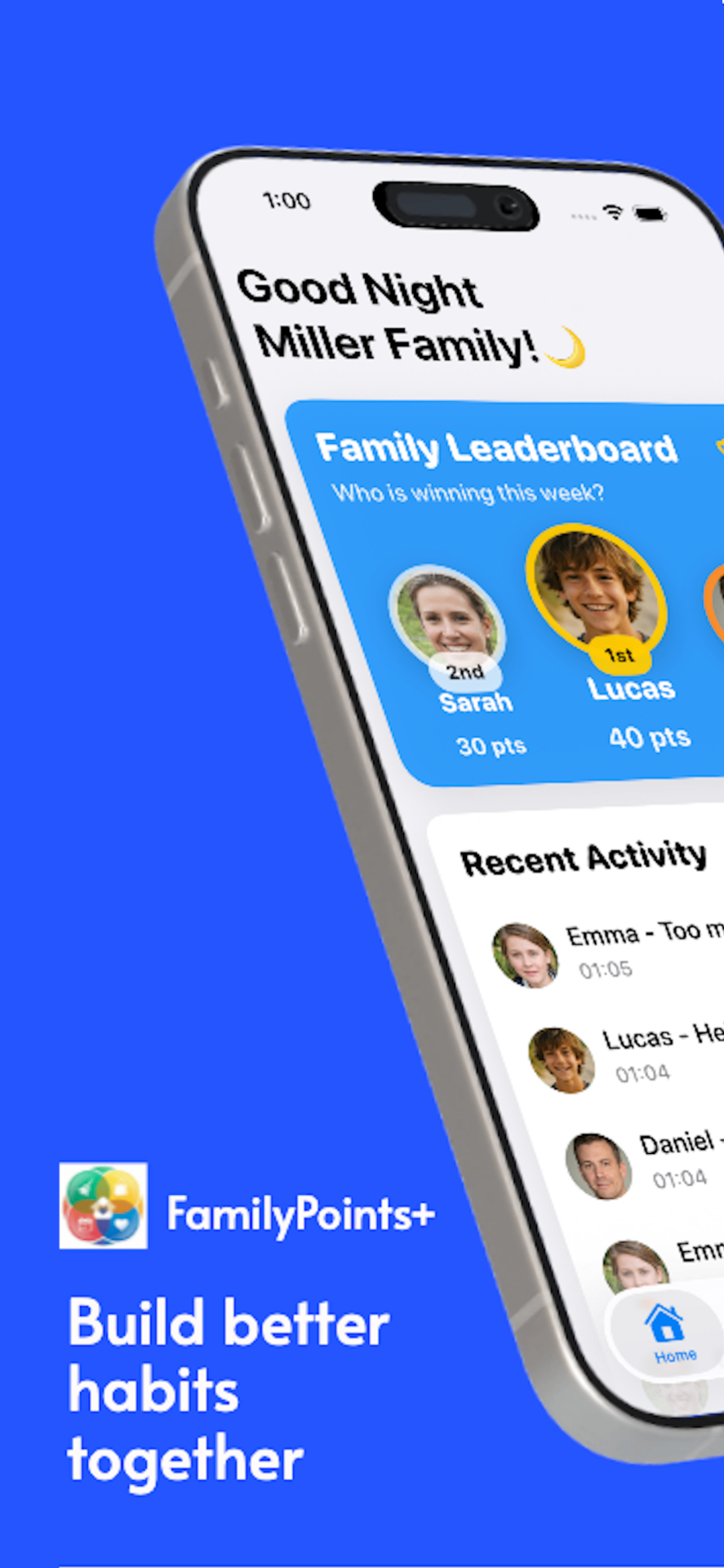 FamilyPoints+ Home Screen - Family Leaderboard showing family members and their points