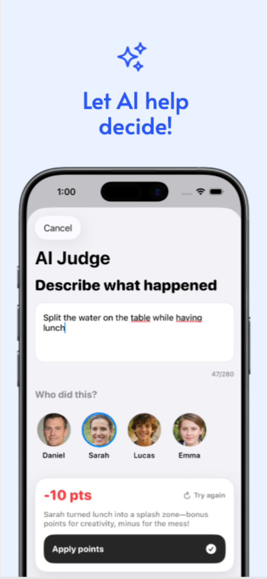FamilyPoints+ AI Judge Feature for fair point decisions