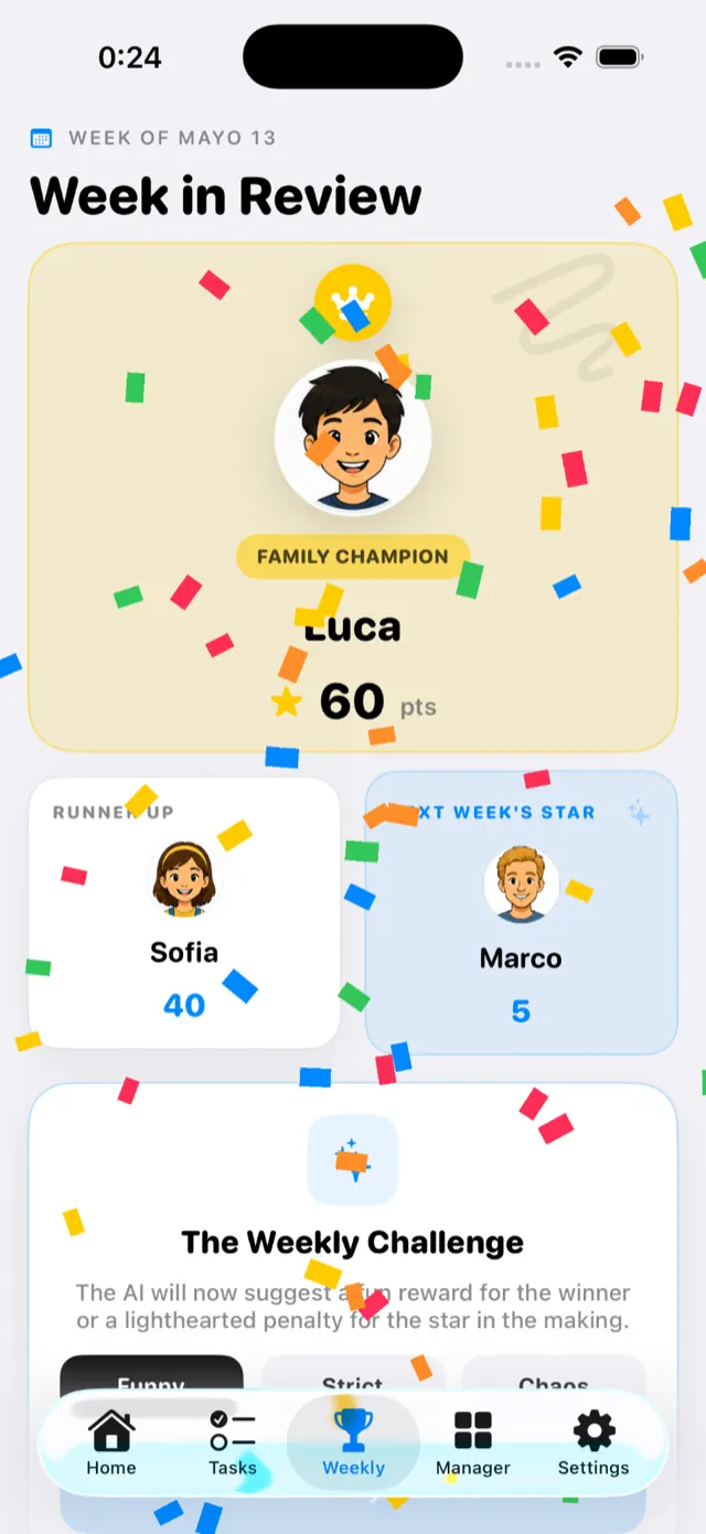 FamilyPoints Week in Review crowning the Family Champion with confetti
